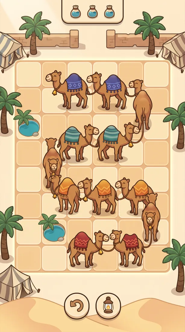 Concept mood frame: caravans on a sand board in a morning oasis with palms and tents