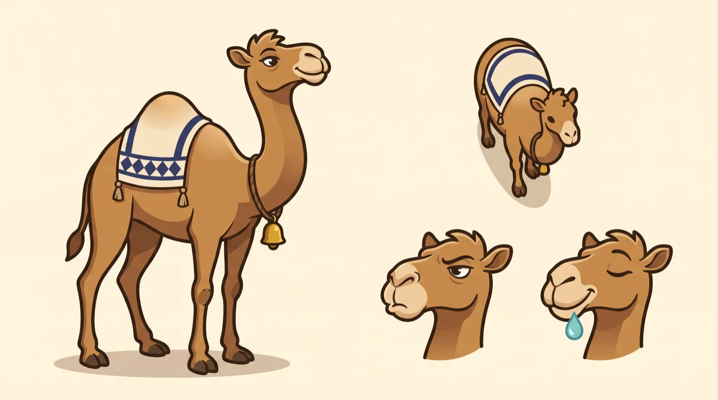 Option 1: a tall, slender camel with a long S-shaped neck, sheet with board view and two expressions