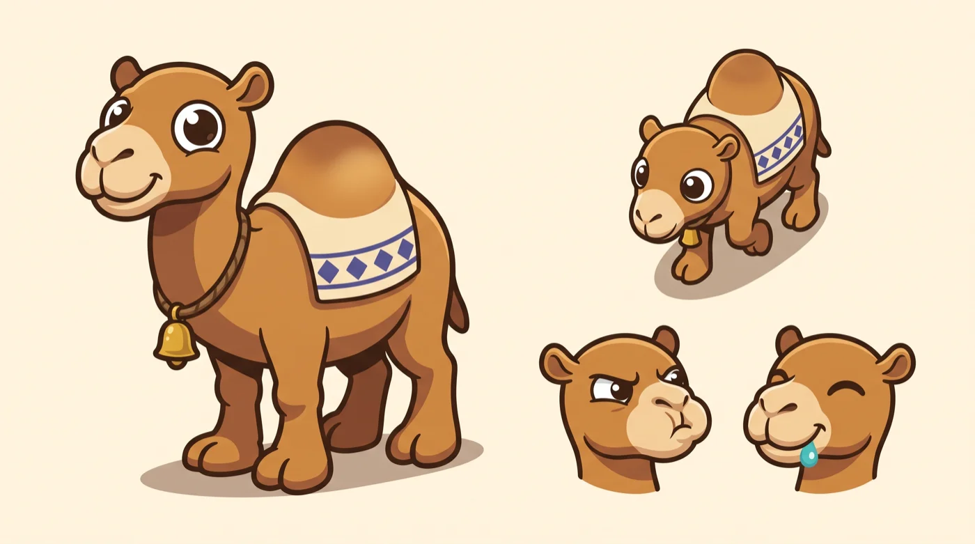 Option 2: a compact, round camel with a big head and huge eyes, sheet with board view and two expressions