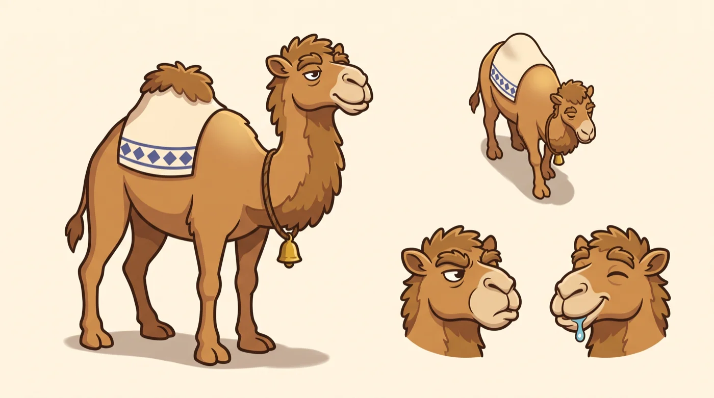 Option 3: an older, shaggy camel with a wool mane and bushy brows, sheet with board view and two expressions