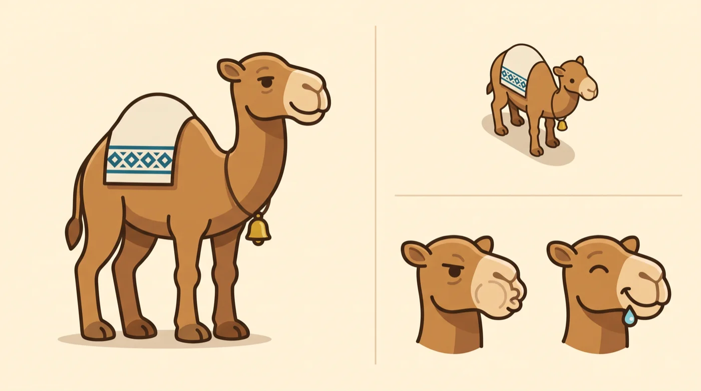 Option 4: a clean, simplified camel with few interior lines, sheet with board view and two expressions