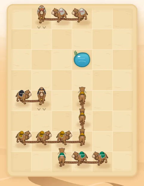 Level 13 at phone size with option 2 camels: several roped caravans with coloured saddles around a small oasis spring